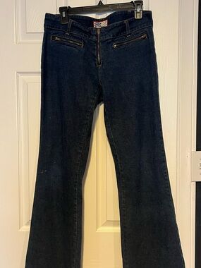 Dark Blue Women’s vintage Bootcut Jeans with Front Zip Pockets